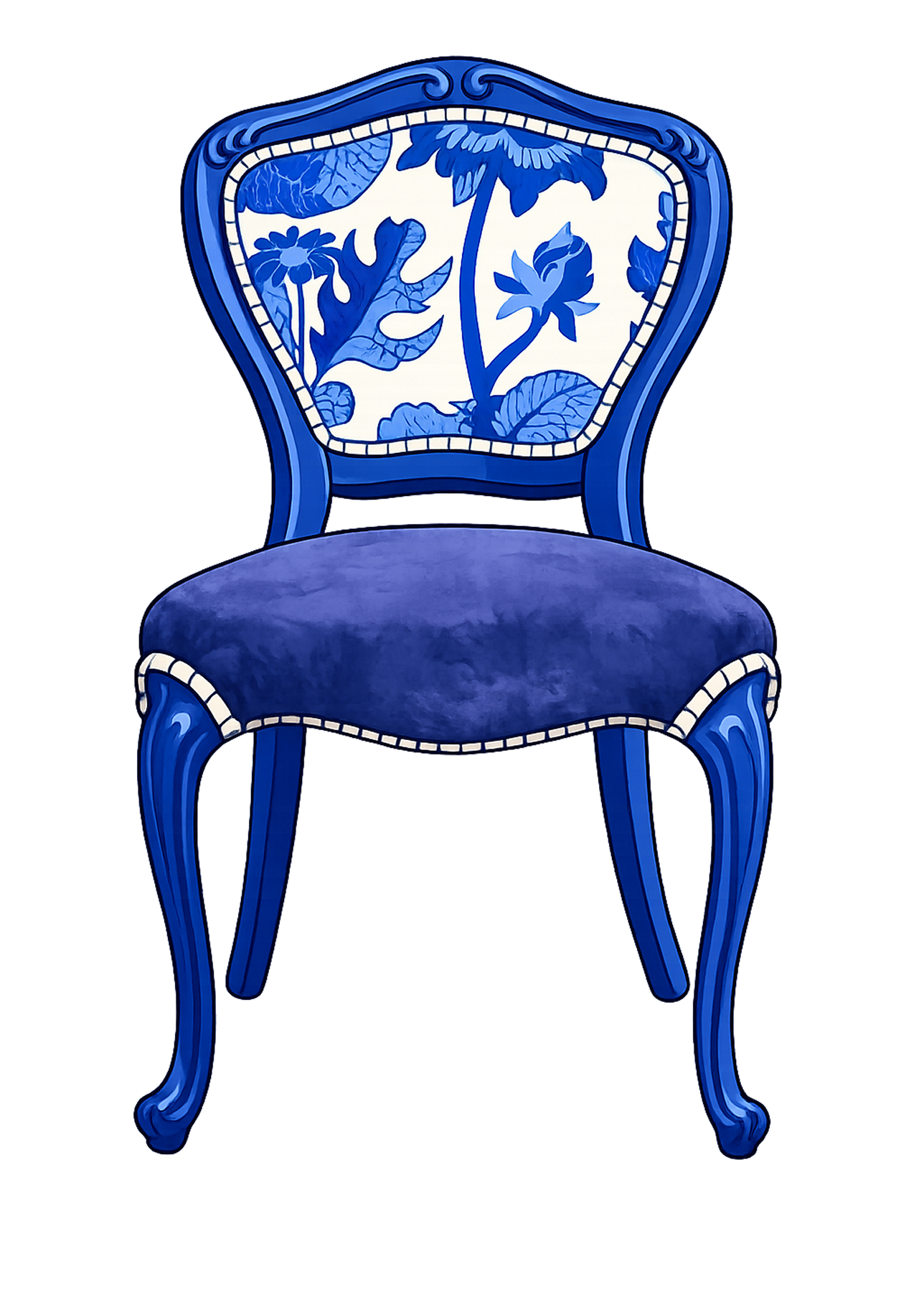 Blue toile chair with navy velvet seat